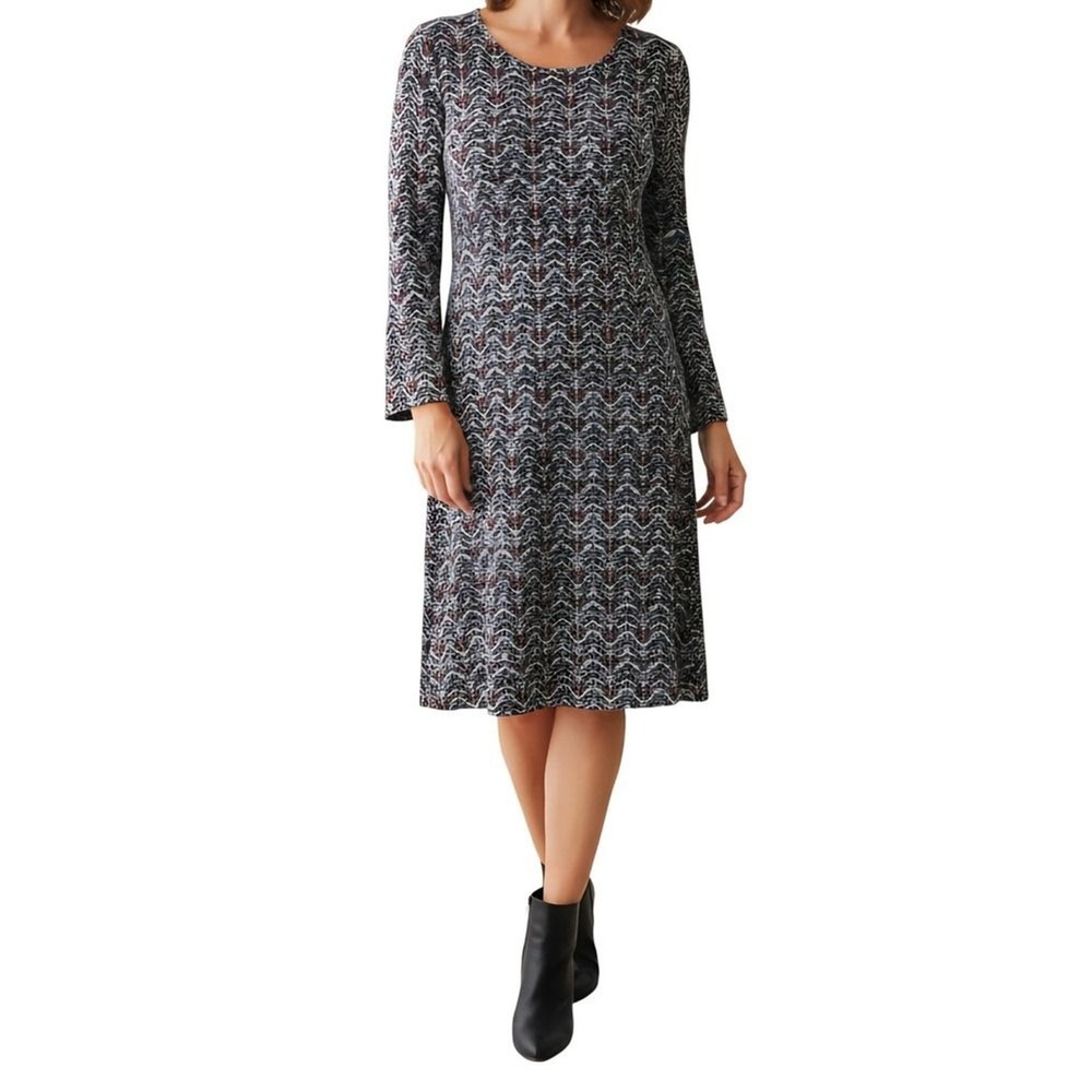 Chicos Size 1 US 8 Multicolor Abstract Knit Midi Dress Bell Sleeve Boho